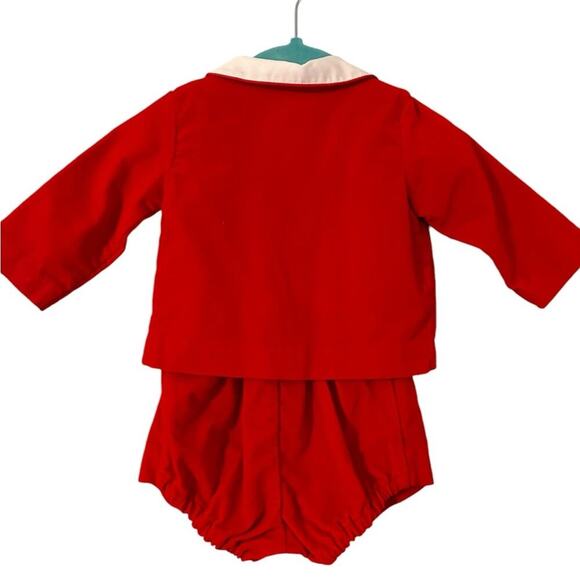 Vintage Layette 3 Piece Red Piping on Shirt, Overalls, Jacket w/Train Size 6/9mo - Picture 3 of 12